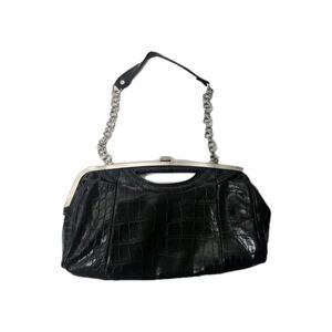 Aphorism Black Clutch Purse Faux Leather Crocodile Design Chain Strap